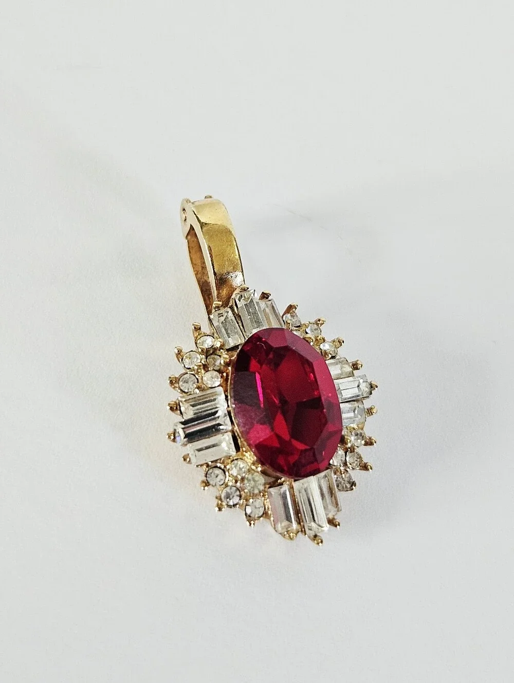 Vintage Red Rhinestone Baguette Cluster Ballerina Gold Tone Enhancer Pendant